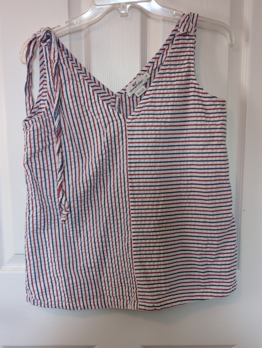 Vineyard Vines White Tank Top with Red & Navy Stripes and Tie Shoulders